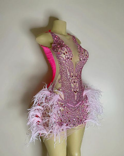 Luxury Sheer Crystal Feather Mini Dress Fashion Closet Clothing