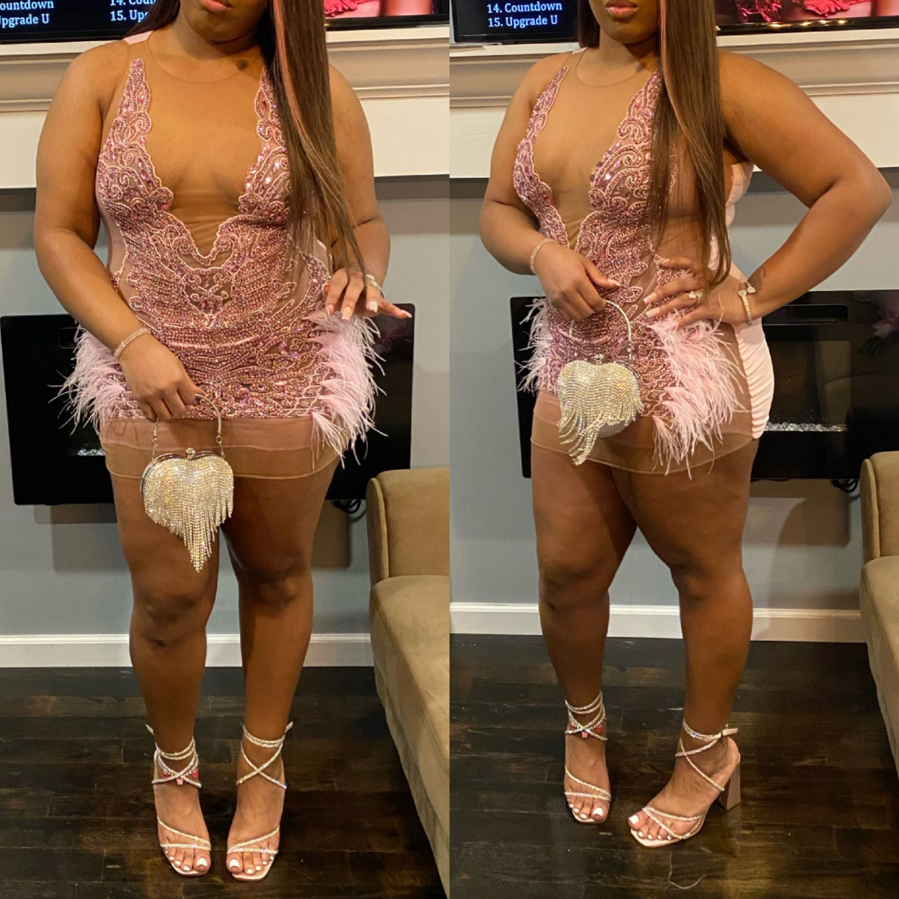 Luxury Sheer Crystal Feather Mini Dress Fashion Closet Clothing