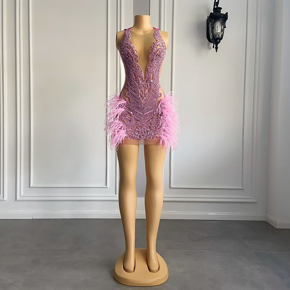 Luxury Sheer Crystal Feather Mini Dress Fashion Closet Clothing