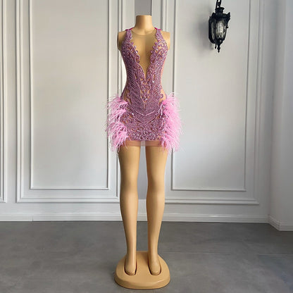 Luxury Sheer Crystal Feather Mini Dress Fashion Closet Clothing