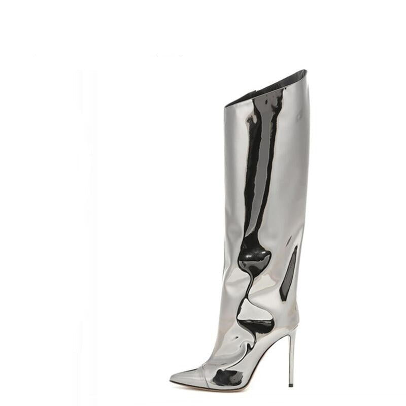 Metallic Mirror Knee Boots Fashion Closet Clothing