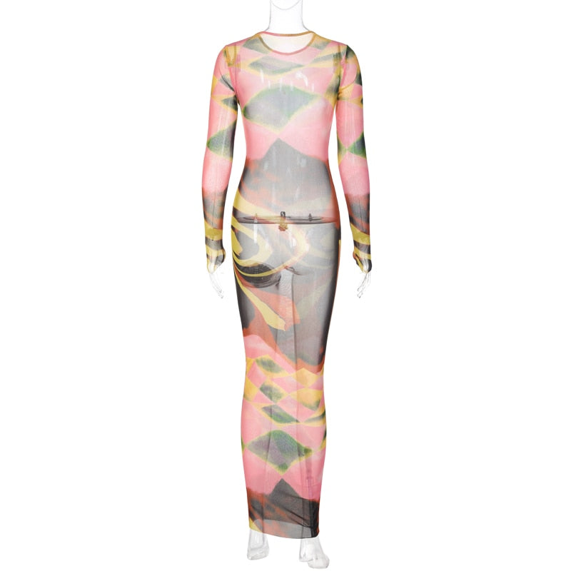 Nova Mesh Tie Dye Bodycon Maxi Dress Fashion Closet Clothing