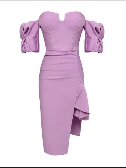 Off Shoulder Bandage Midi Dress- Violet Fashion Closet Clothing