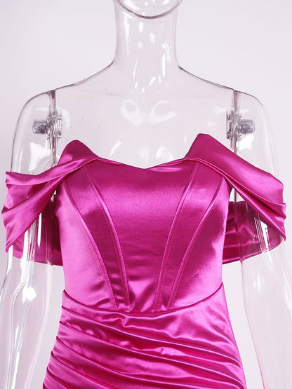 Off Shoulder Satin Maxi Dress-Fuchsia Fashion Closet Clothing