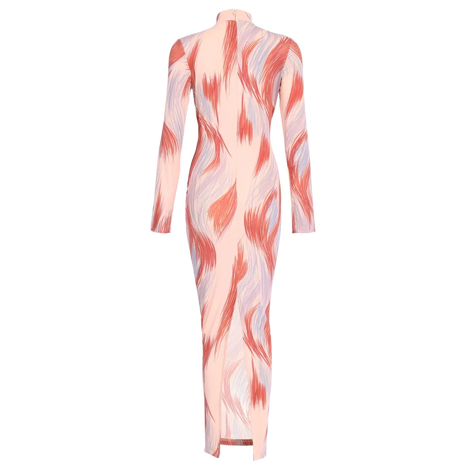 optical illusion bodycon dress KIZN Long Sleeve Bodycon Mini Dress With Optical Illusion Geometric Striped Pattern And Sheer Mesh Yoke Detail For Party Evening