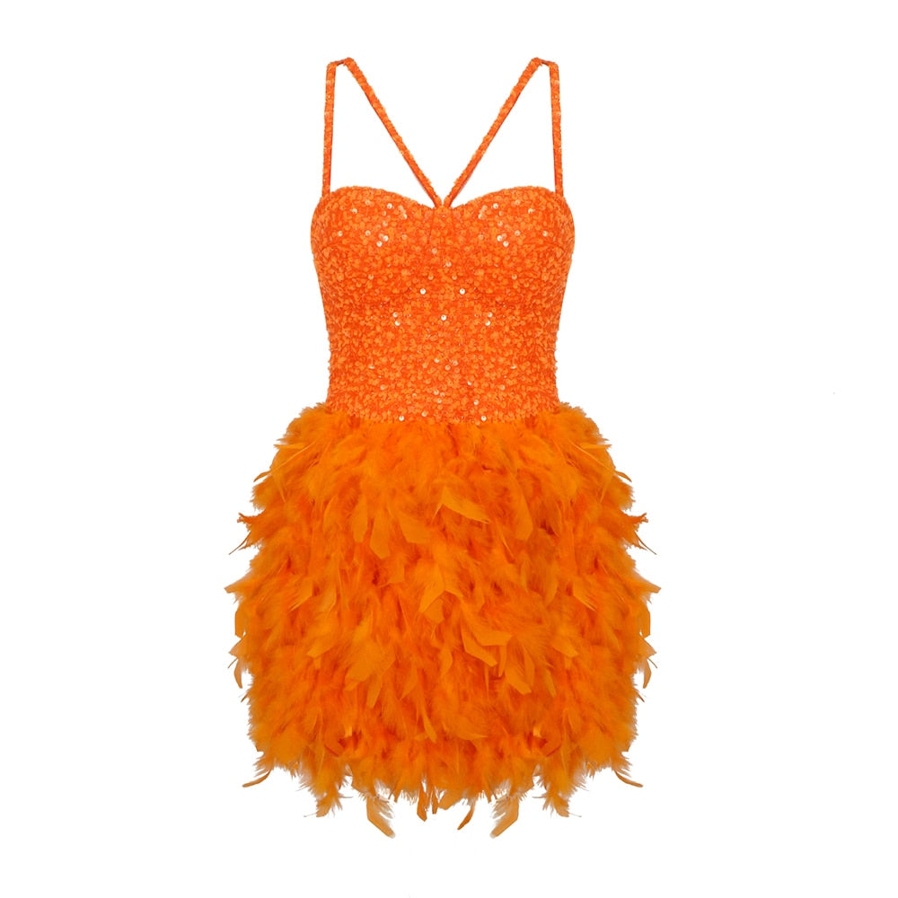 Orange Feather Sequins Dress Fashion Closet Clothing