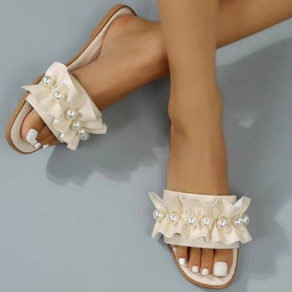 Pearl Ruffle Flats Sandals Fashion Closet Clothing