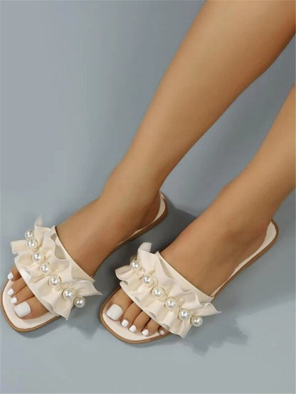 Pearl Ruffle Flats Sandals Fashion Closet Clothing