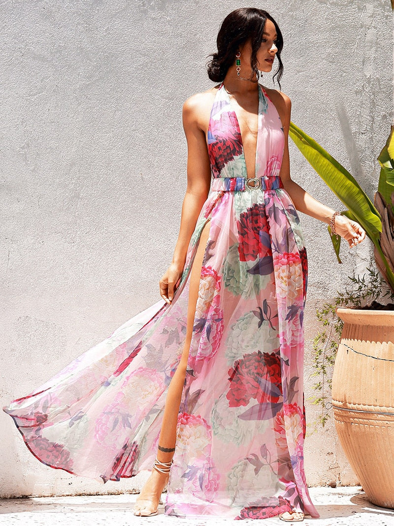 Pink Flower Chiffon Maxi Dress Fashion Closet Clothing