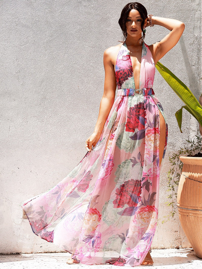 Pink Flower Chiffon Maxi Dress