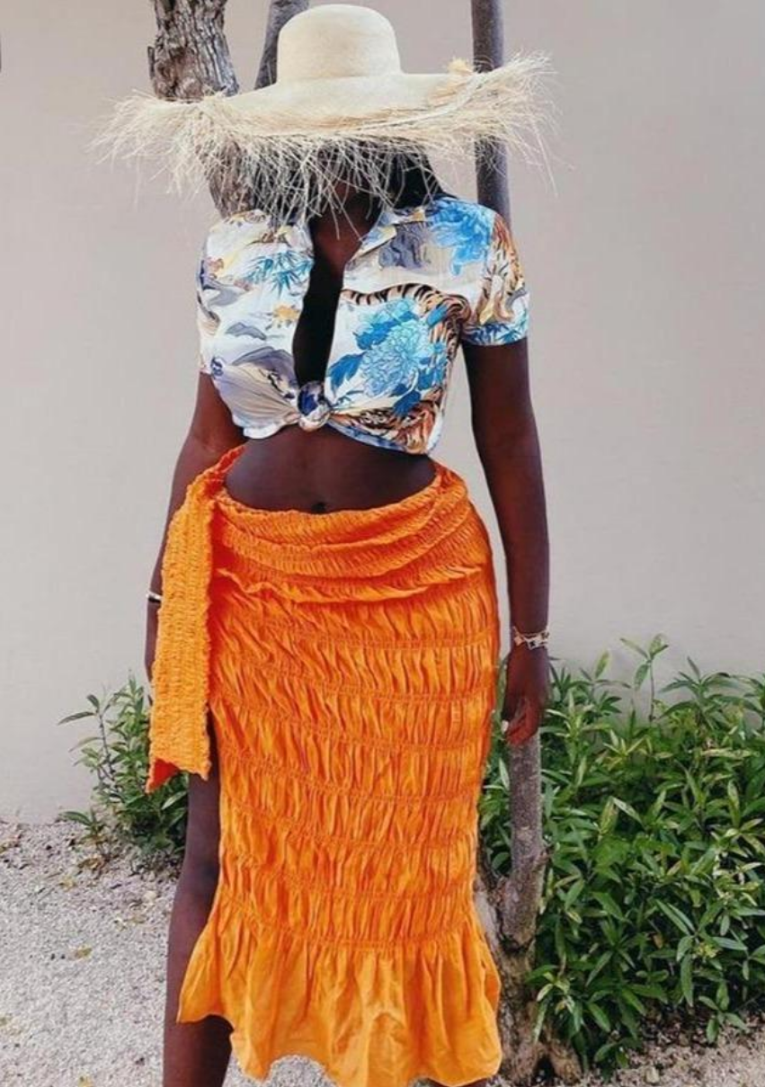 Pleated Woven Skirt- Orange Fashion Closet Clothing