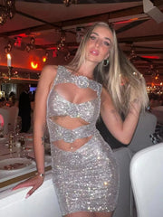 Rhinestone Cutout Bodycon Mini Dresses Fashion Closet Clothing