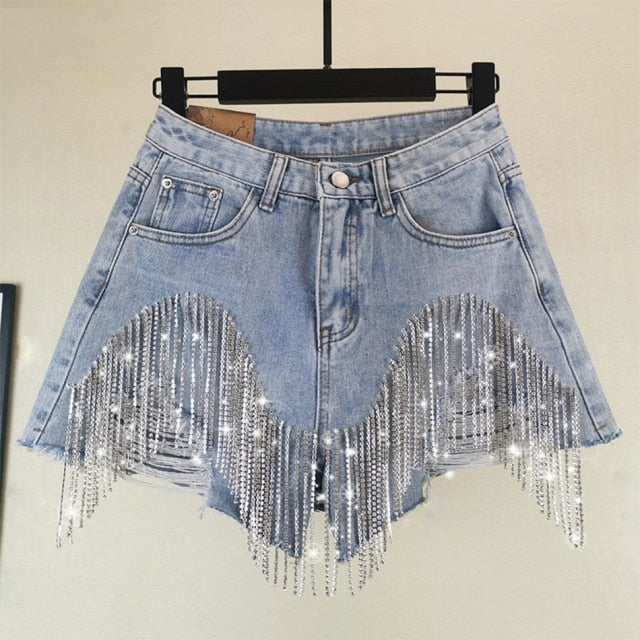 Rhinestones Short High Waist Jeans Fashion Closet Clothing