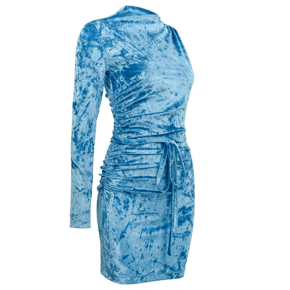 Ruched Blue Velvet Mini Dress Fashion Closet Clothing