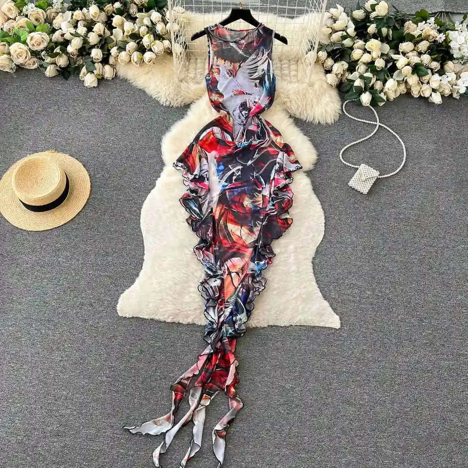 Ruffle Tie Dye Bodycon Midi Dress Fashion Closet Clothing