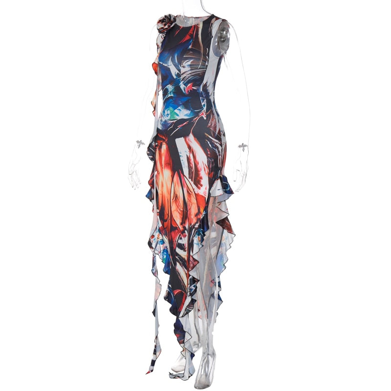 Ruffle Tie Dye Bodycon Midi Dress Fashion Closet Clothing