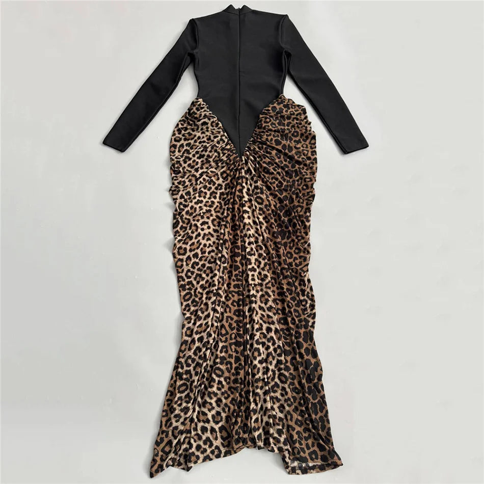 Leopard Pleated Bandage Maxi Dress
