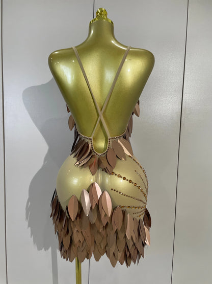 Leafy Sequins Mesh Mini Dress