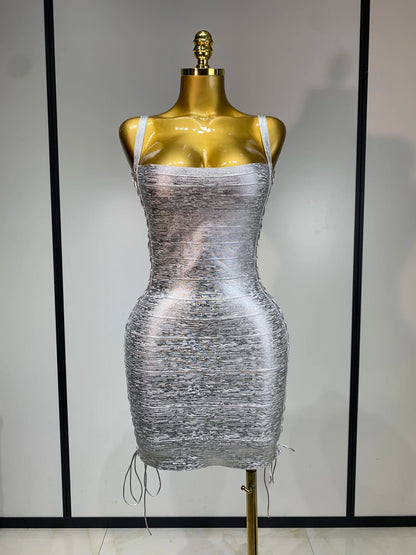 Metallic Side Lace Up Bandage Mini Dress