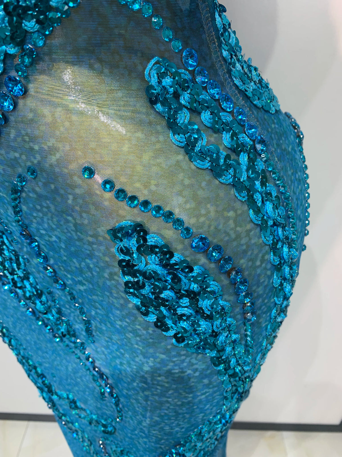Blue Rhinestone Sequins Mesh Maxi Dress