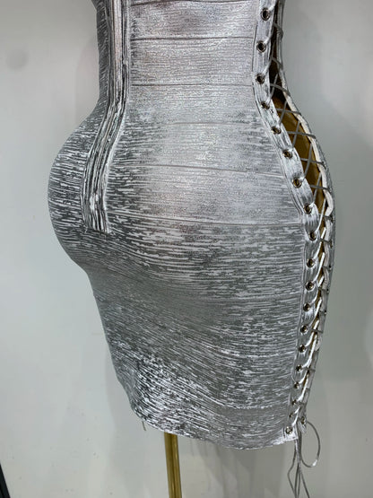 Metallic Side Lace Up Bandage Mini Dress