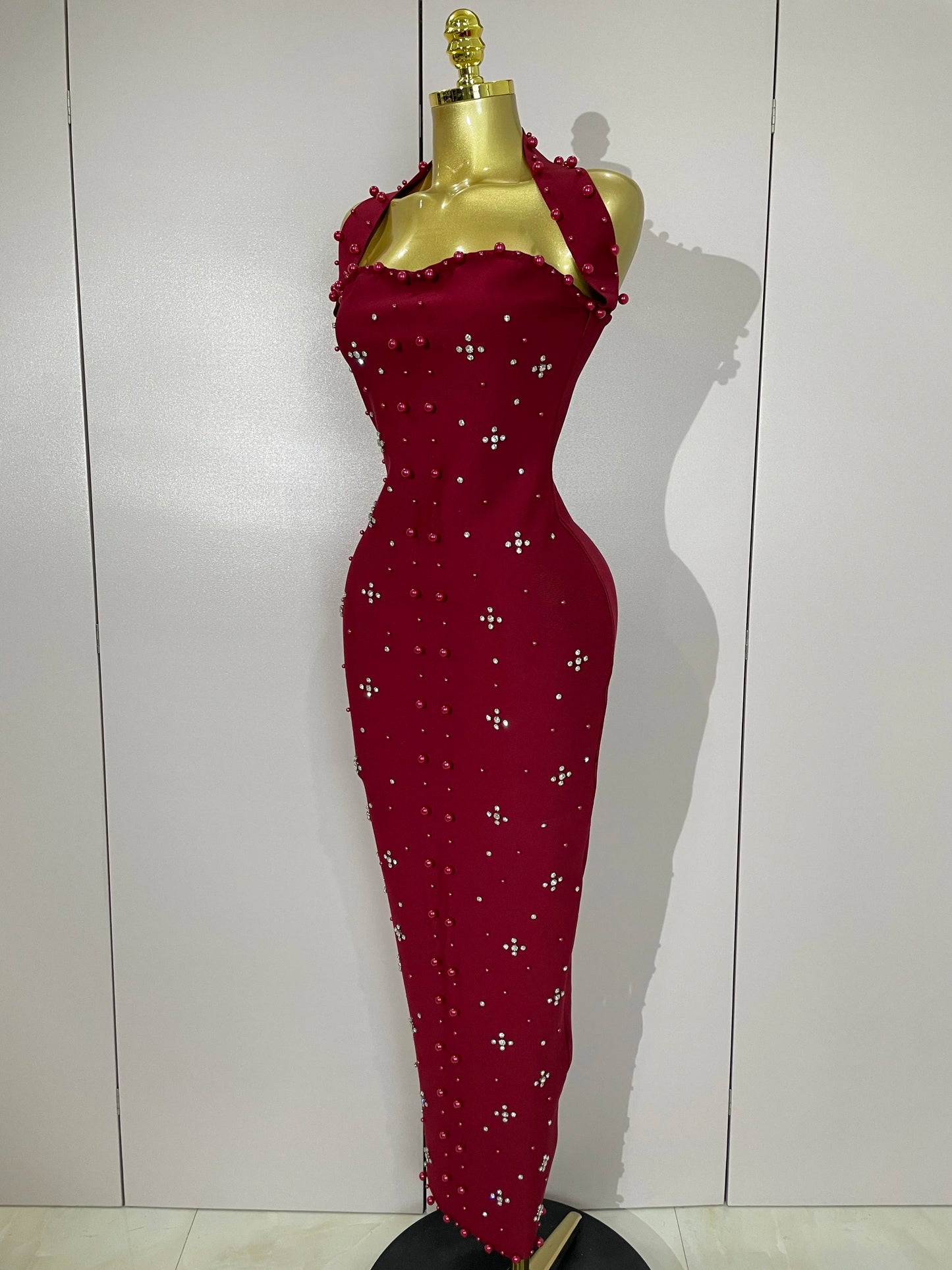Rhinestone Pearl Bandage Midi Dress