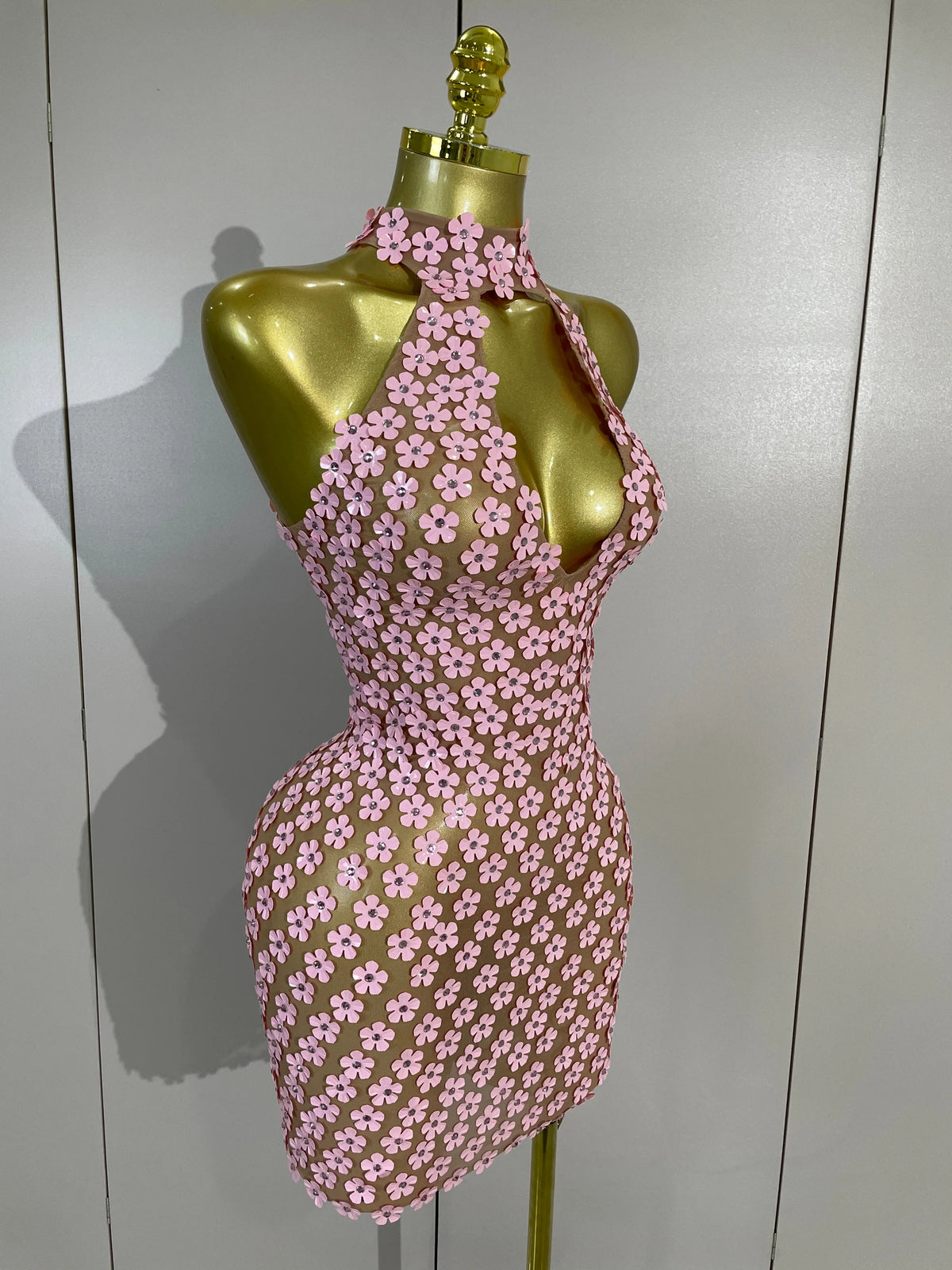 Pink Flower Sequin Mesh Dress