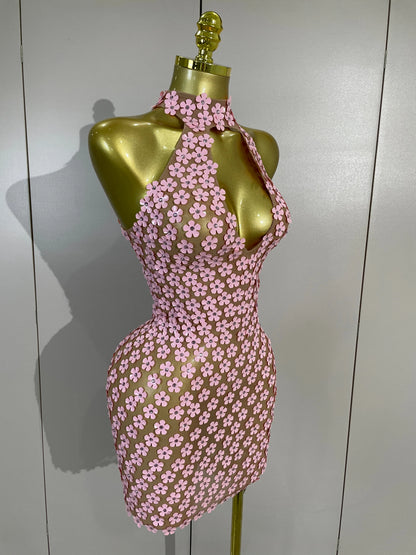 Pink Flower Sequin Mesh Dress