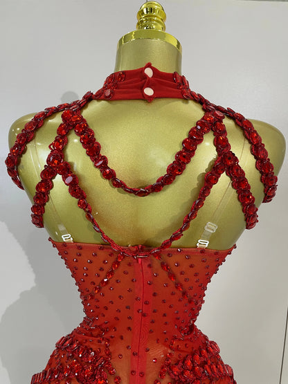 Red Rhinestone Mesh Bodysuit