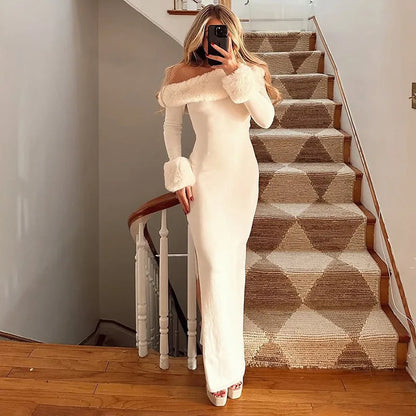 Fur Collar Off One Shoulder Bodycon Dress