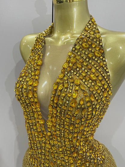 Golden Rhinestone Mesh Bodysuit
