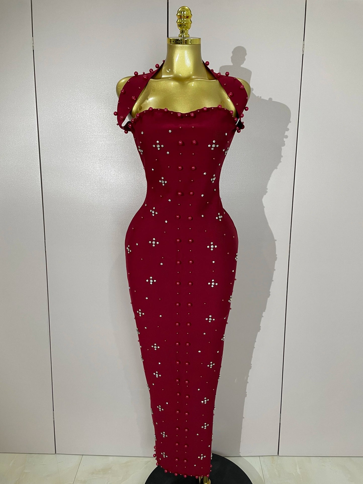 Rhinestone Pearl Bandage Midi Dress