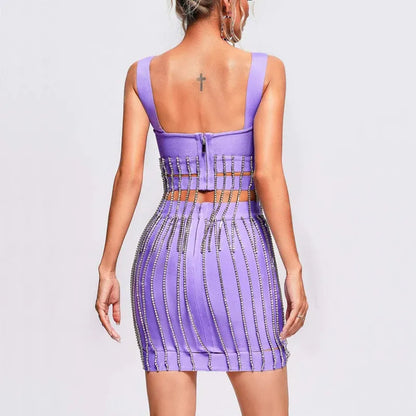 Purple Chain Bandage Skirt Set