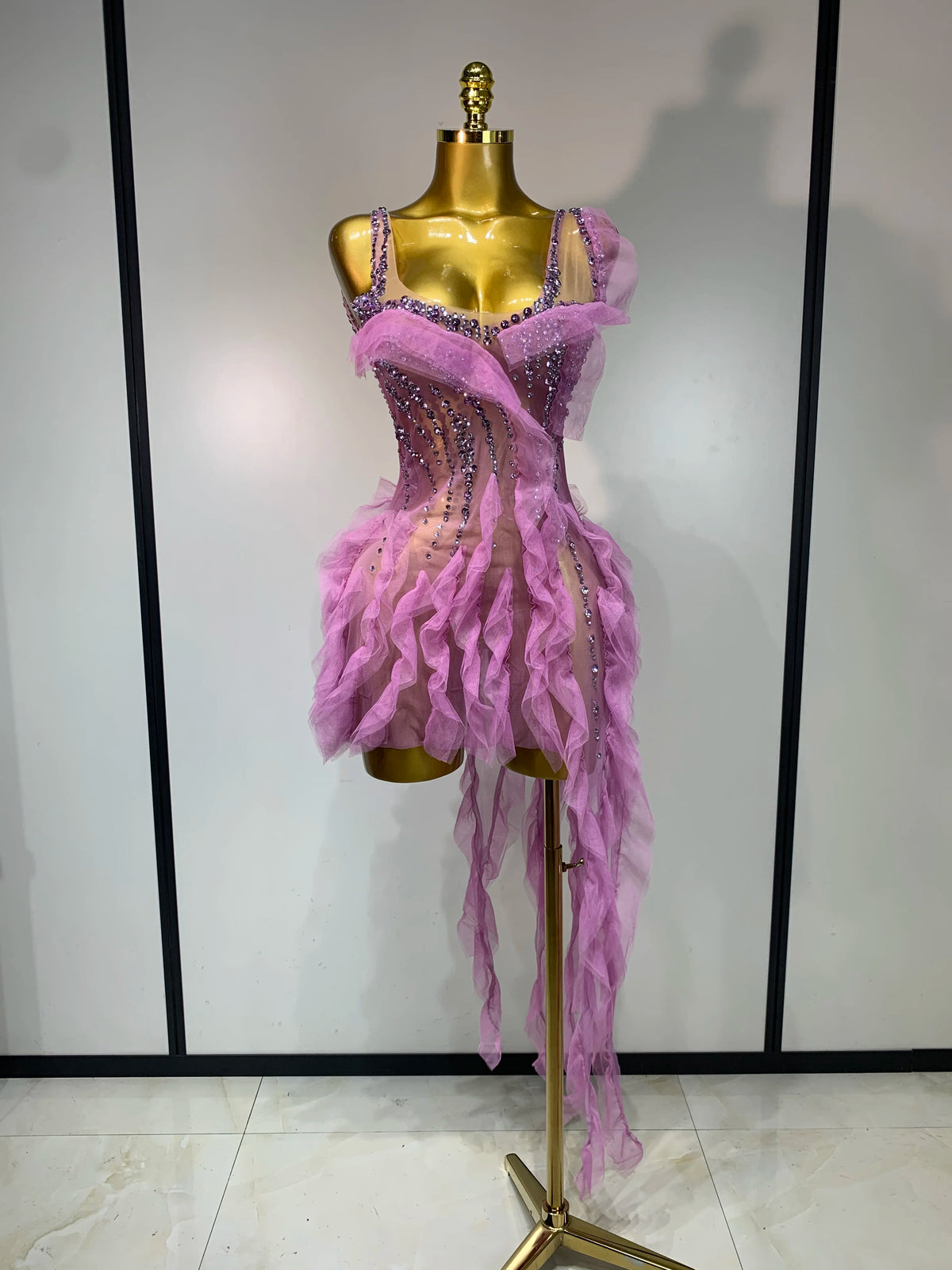 Mona Rhinestone Tassel Sheer Mini Dress