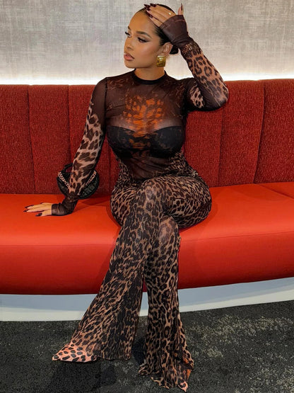 A Leopard Mesh Flare Jumpsuit