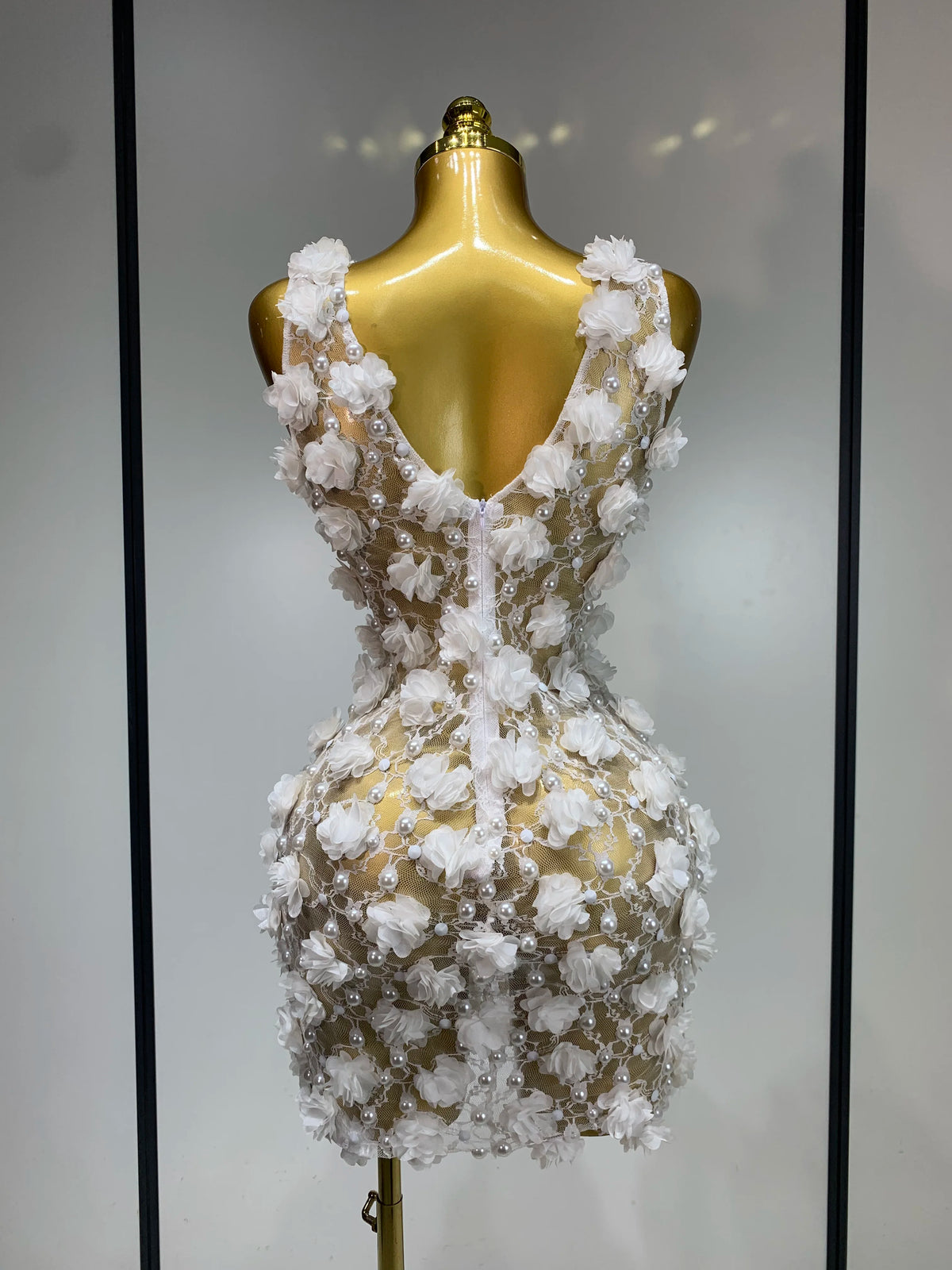 Bloom Pearls Lace Mini Dress