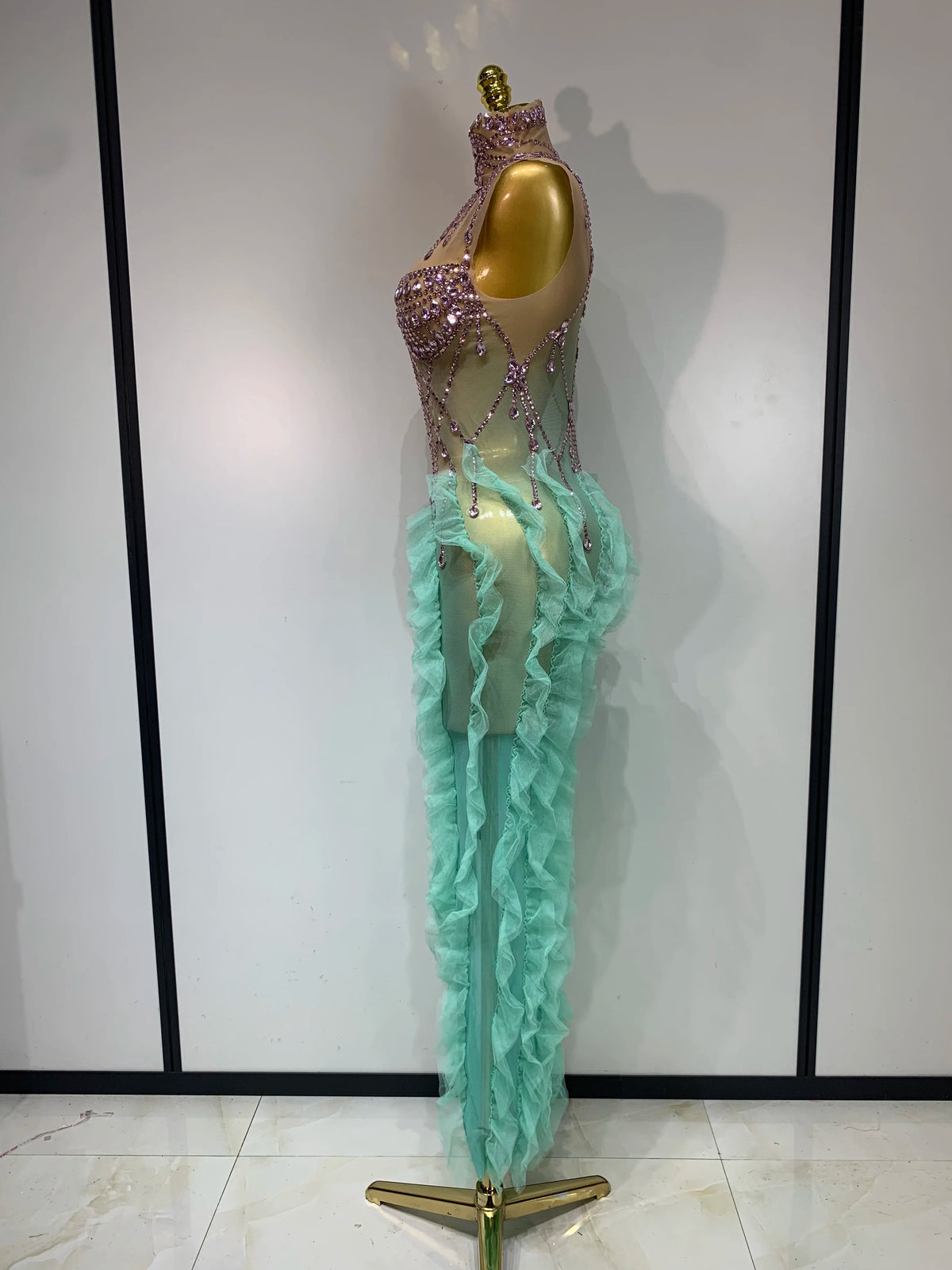 Gaelle Mesh Ruffled  Maxi Dress