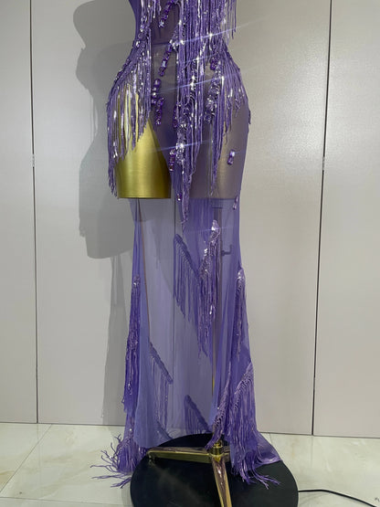 Purple Tassel Mesh Maxi Dress