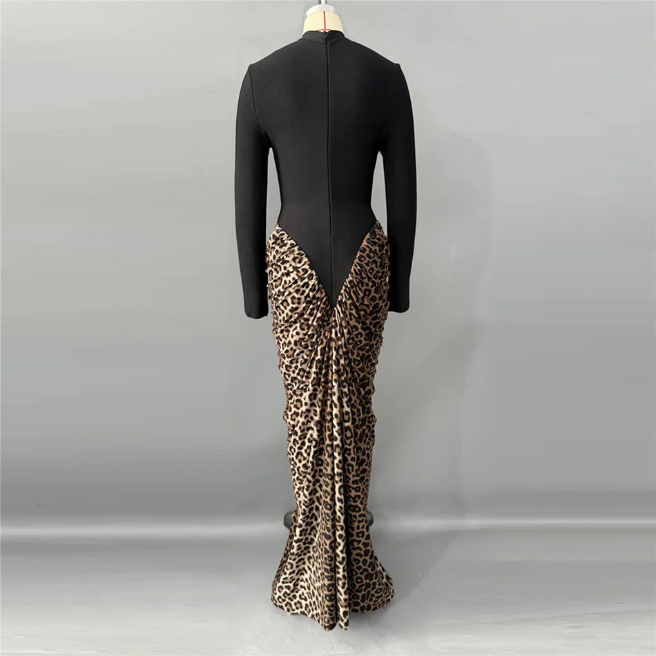 Leopard Pleated Bandage Maxi Dress