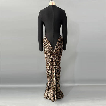 Leopard Pleated Bandage Maxi Dress