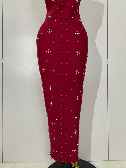 Rhinestone Pearl Bandage Midi Dress