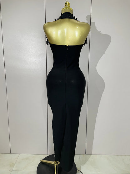 Rhinestone Pearl Bandage Midi Dress