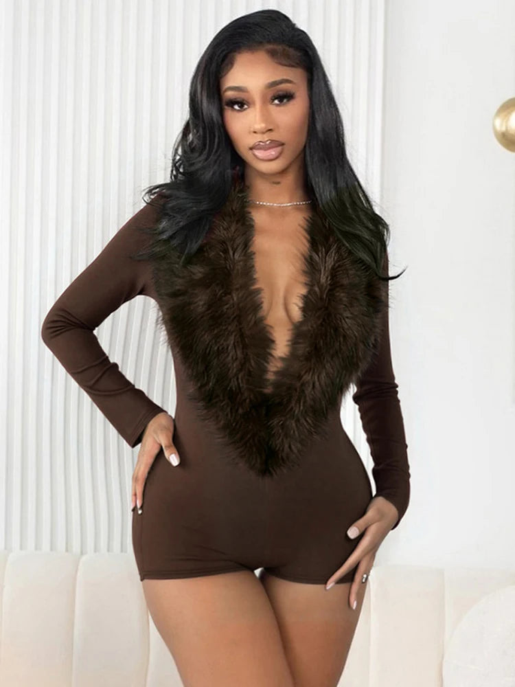 Luxe Fur Deep V-Collar Romper