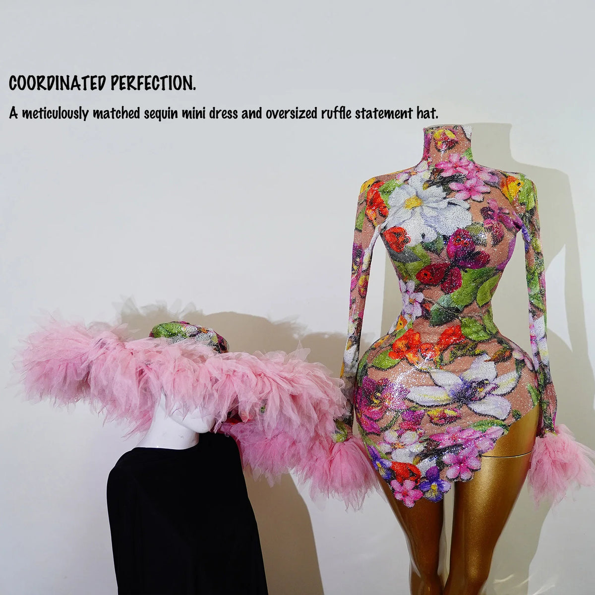 Luxury Floral Sequin Ruffle Dress
