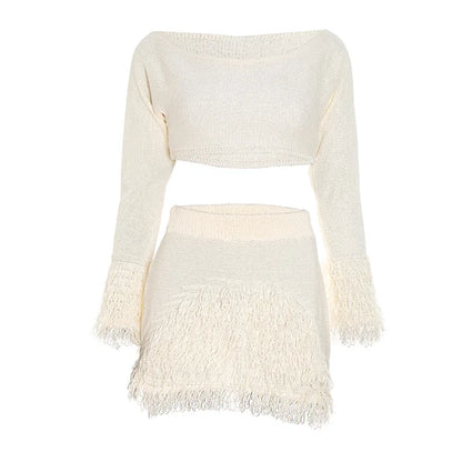 Knit Sweater Fringe Skirt Set