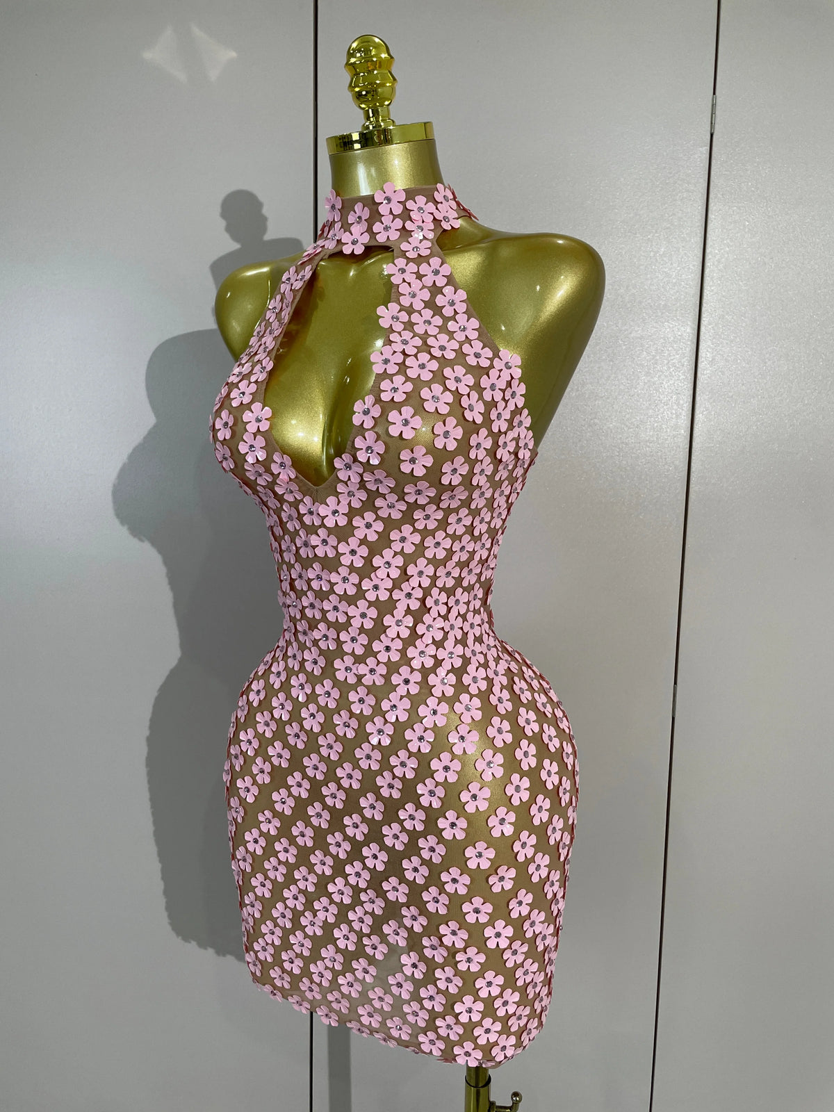 Pink Flower Sequin Mesh Dress