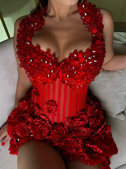 Floral Halter Sequins Mini Dress