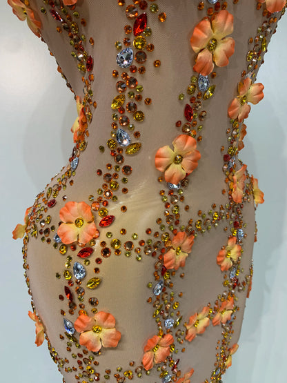 Susan Rhinestone Flower Mesh Mini Dress