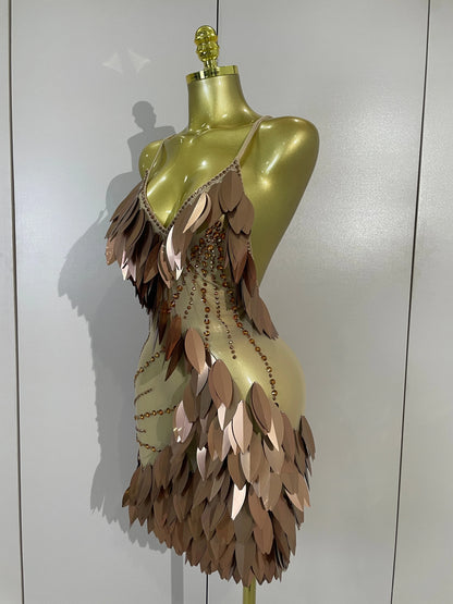 Leafy Sequins Mesh Mini Dress