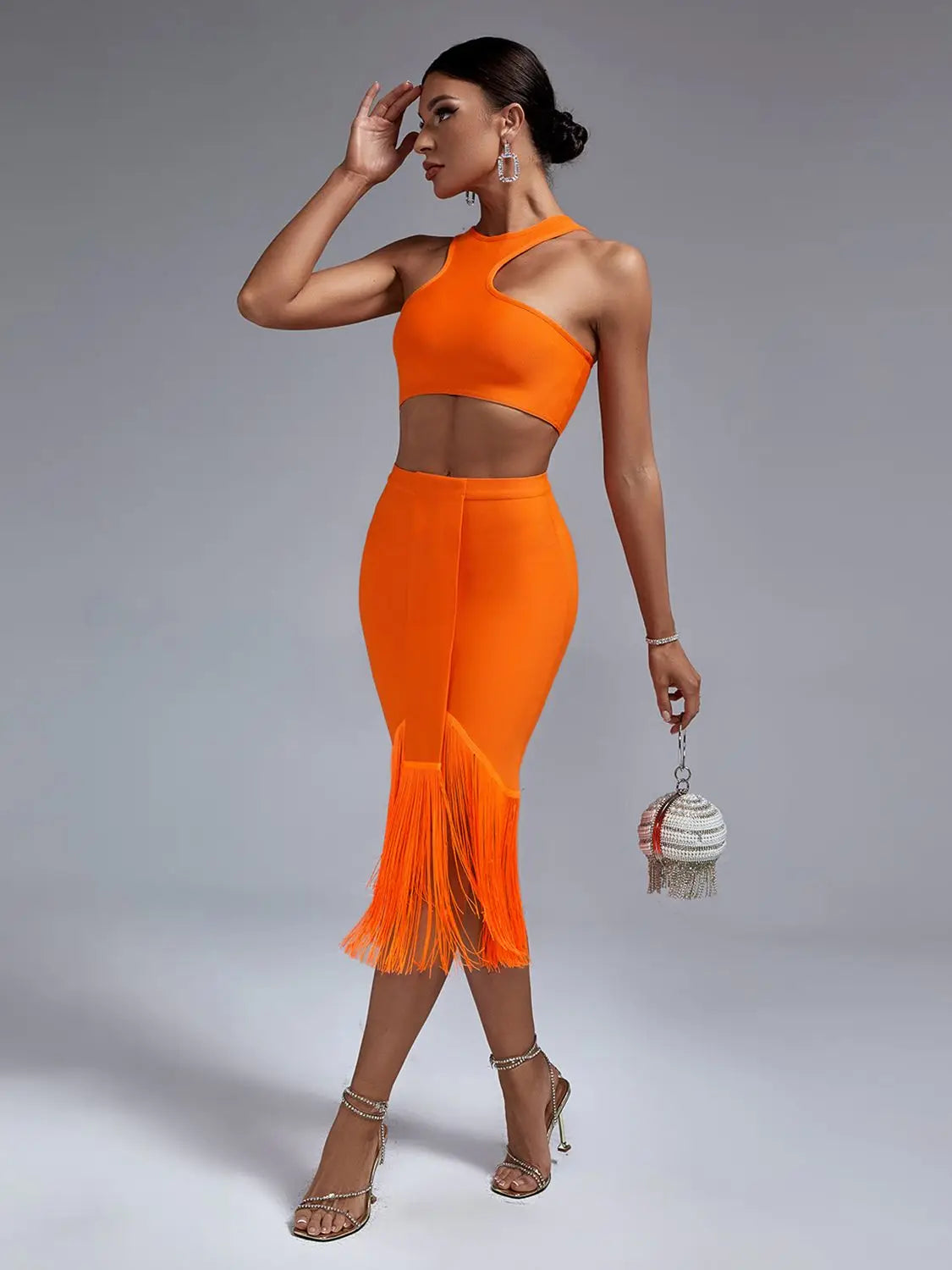 Orange Fringed Bandage Skirt Set